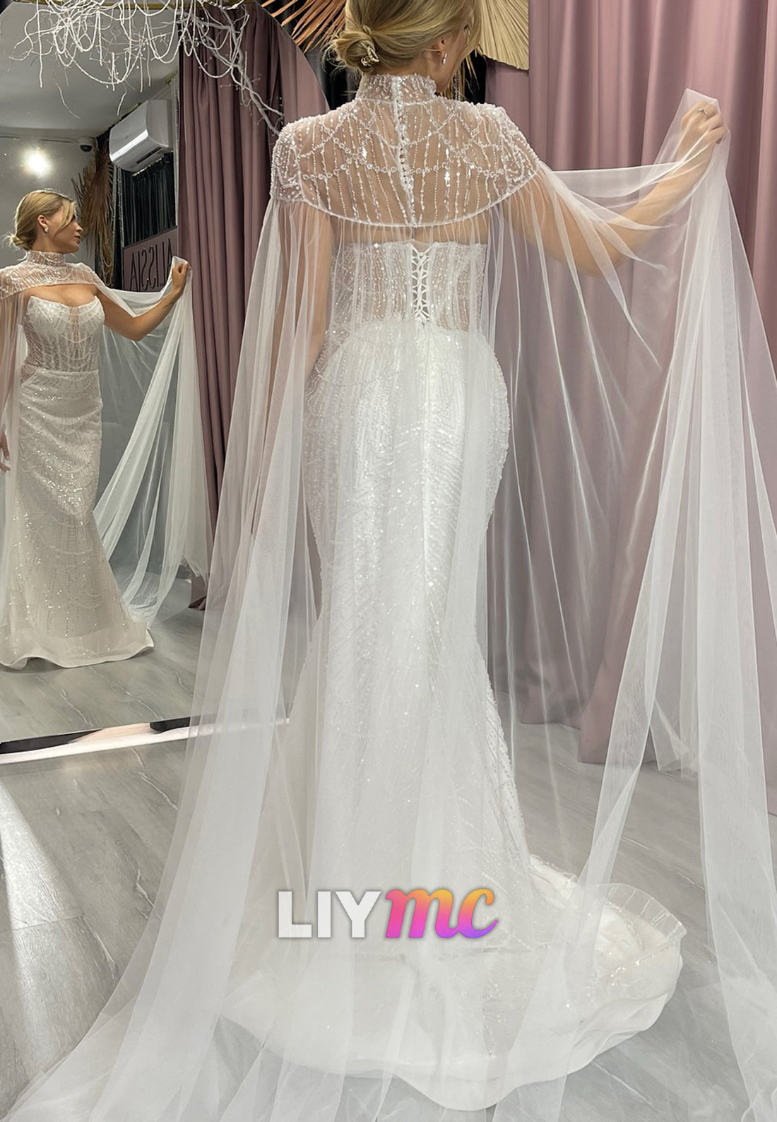 Off-Shoulder Sleeveless Beaded Embroidery Sparkly Mermaid Wedding Dress