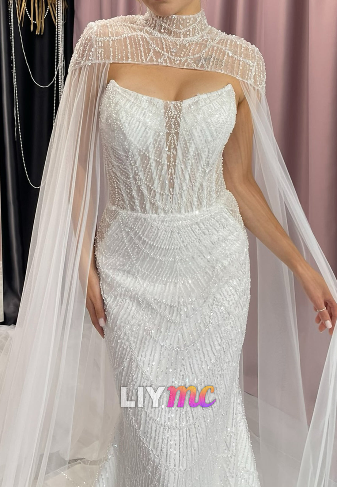 Off-Shoulder Sleeveless Beaded Embroidery Sparkly Mermaid Wedding Dress
