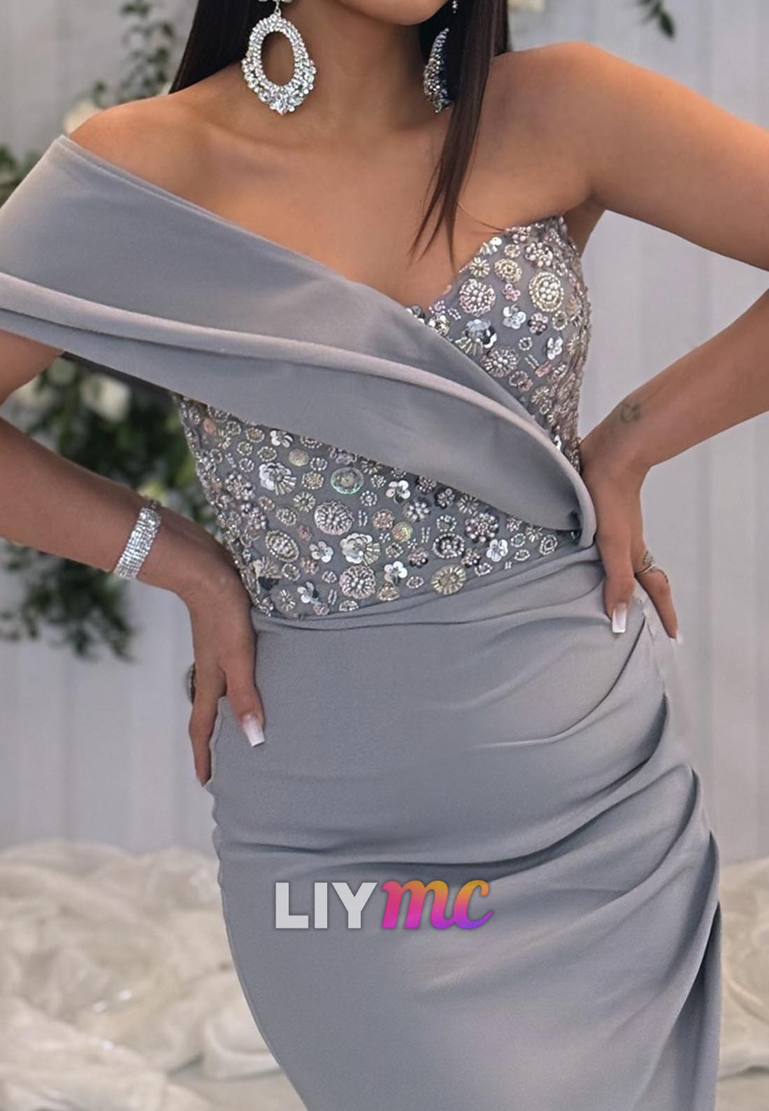 Off-Shoulder Sleeveless Beaded Mermaid Evening Dress