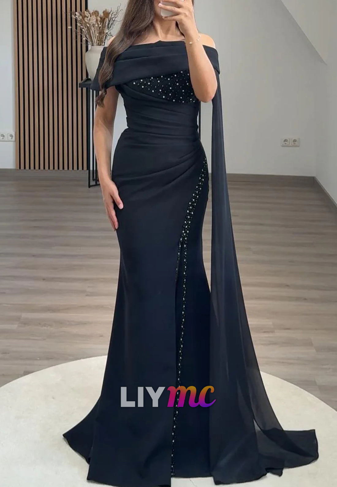 Off-Shoulder Sleeveless Beaded Mermaid Formal Dress