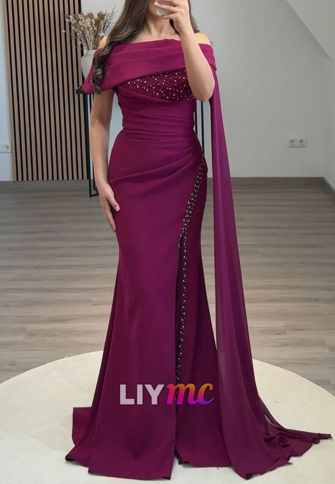 Off-Shoulder Sleeveless Beaded Mermaid Formal Dress