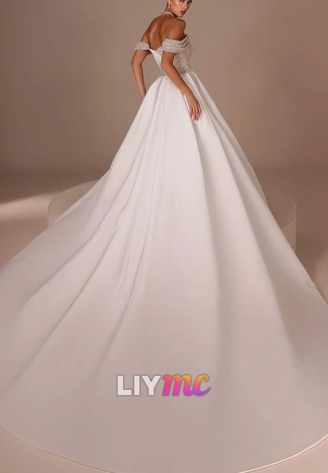 Off-Shoulder Sleeveless Beaded Pleated Mermaid Wedding Dress