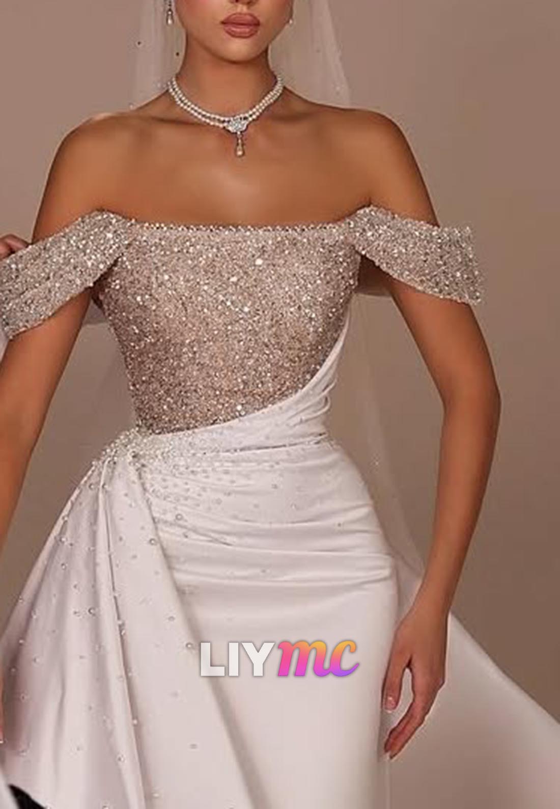 Off-Shoulder Sleeveless Beaded Pleated Mermaid Wedding Dress