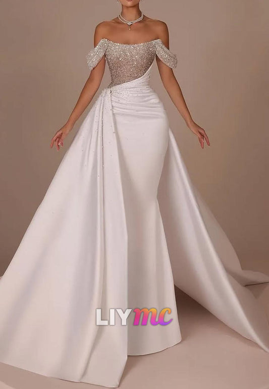 Off-Shoulder Sleeveless Beaded Pleated Mermaid Wedding Dress