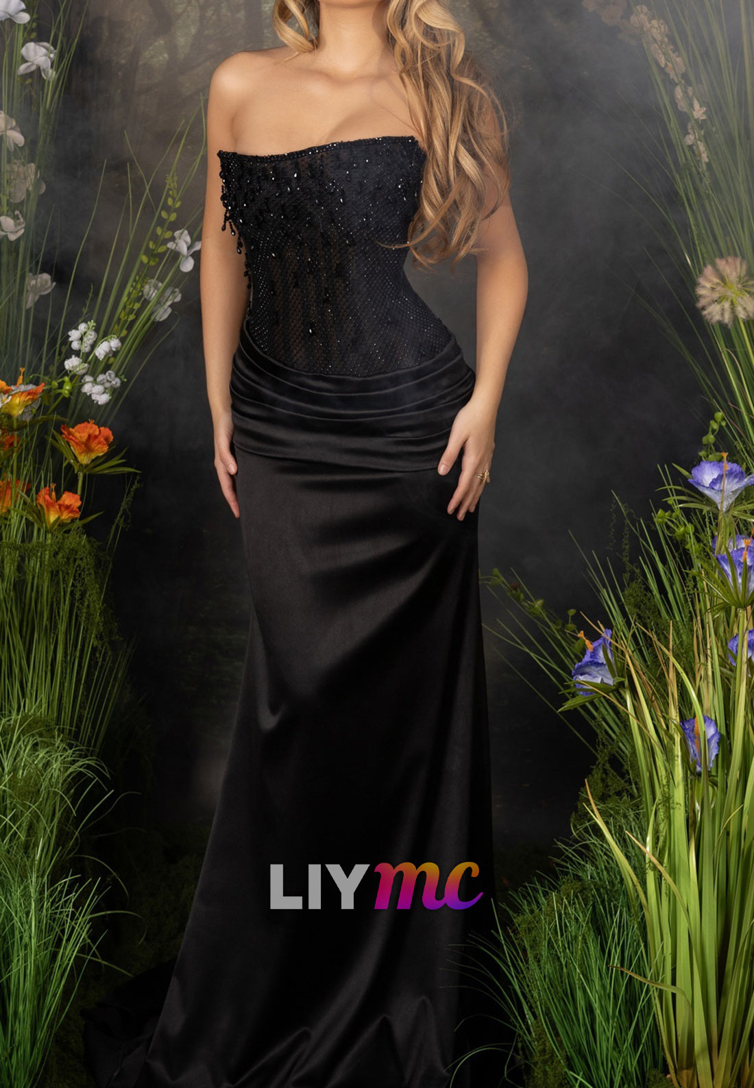 Off-Shoulder Sleeveless Beaded Pleeated Evening Dress Sheath Prom Dress