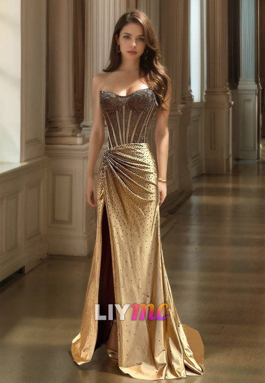 Off-Shoulder Sleeveless Beaded Ruched Side Slit Sheath Sparkly Prom Dress