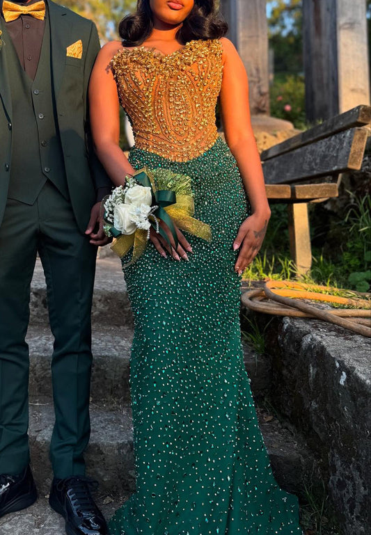 Off-Shoulder Sleeveless Beaded Sequins Sparkly Mermaid Prom Dress for Black Girls