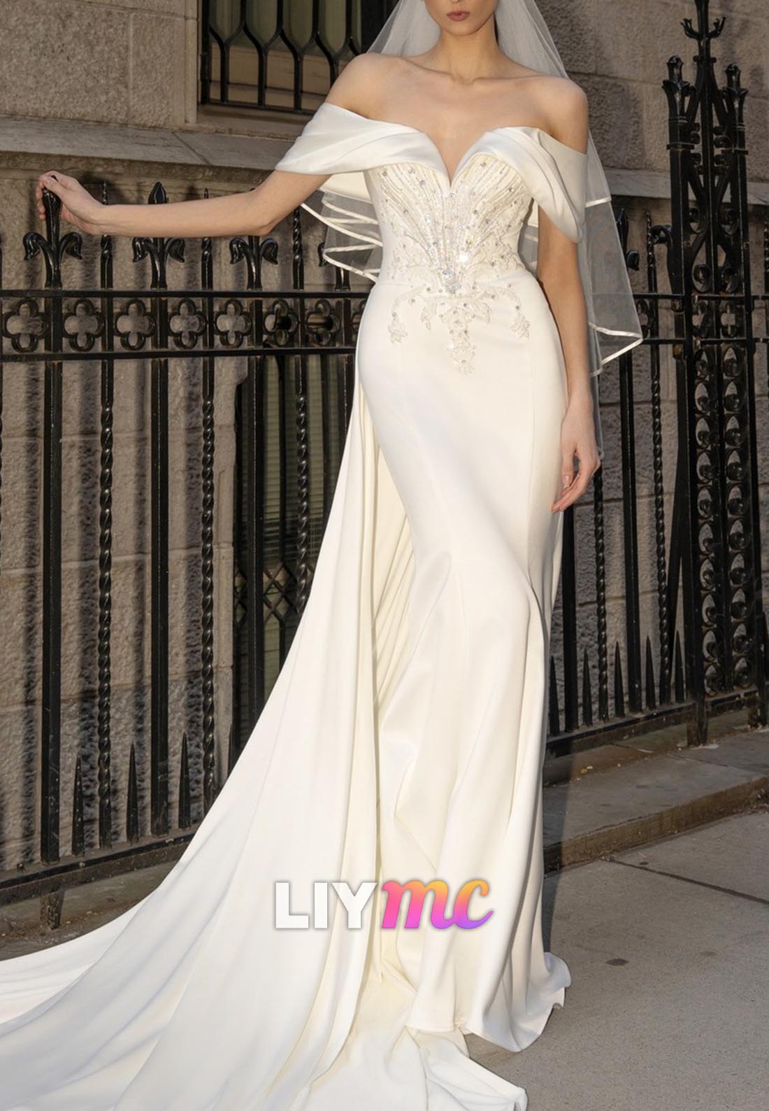 Off-Shoulder Sleeveless Beaded Sleek Mermaid Wedding Dress
