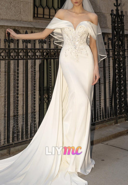 Off-Shoulder Sleeveless Beaded Sleek Mermaid Wedding Dress