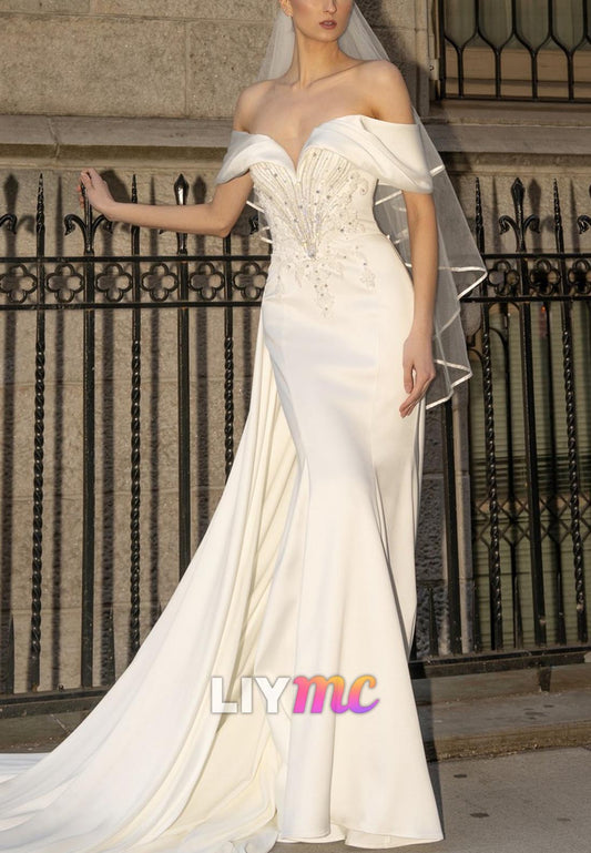 Off-Shoulder Sleeveless Beaded Sleek Mermaid Wedding Dress