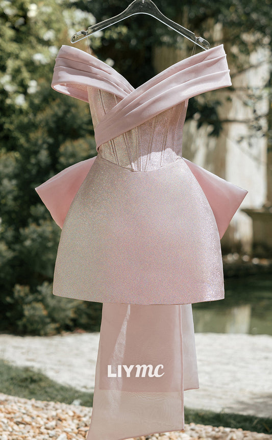 LY225 - Off- Shoulder Sleeveless Blushing Pink Bowknot Homecoming Dress