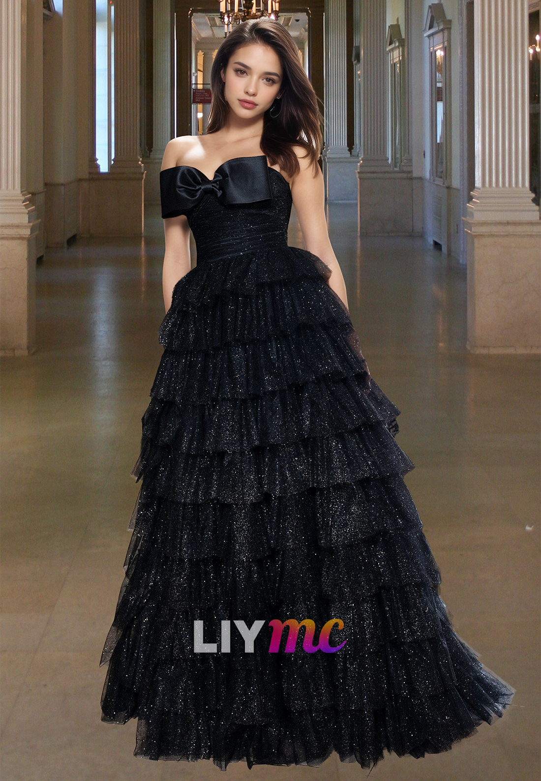 Off-Shoulder Sleeveless Bowknot Tiered Tulle Ball Gown Prom Dress