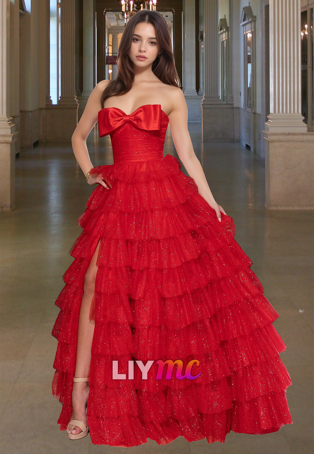 Off-Shoulder Sleeveless Bowknot Tiered Tulle Ball Gown Prom Dress