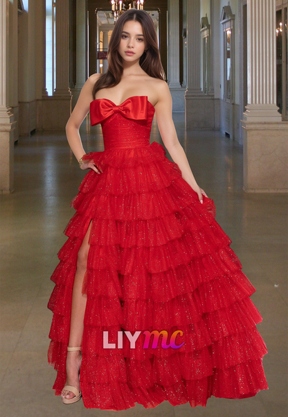 Off-Shoulder Sleeveless Bowknot Tiered Tulle Ball Gown Prom Dress