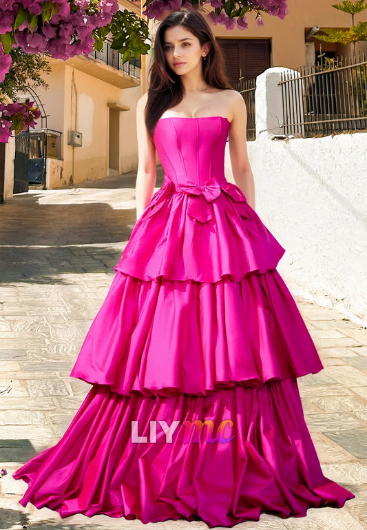 Off-Shoulder Sleeveless Bowknots Tiered A-Line Prom Dress