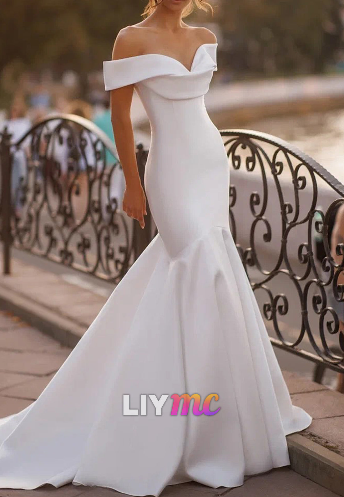 Off-Shoulder Sleeveless Fitted Satin Mermaid Wedding Dress