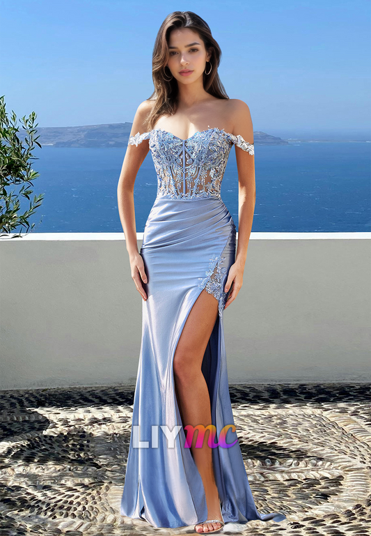 Off-Shoulder Sleeveless Floral Appliques Pleated Sheath Prom Dress