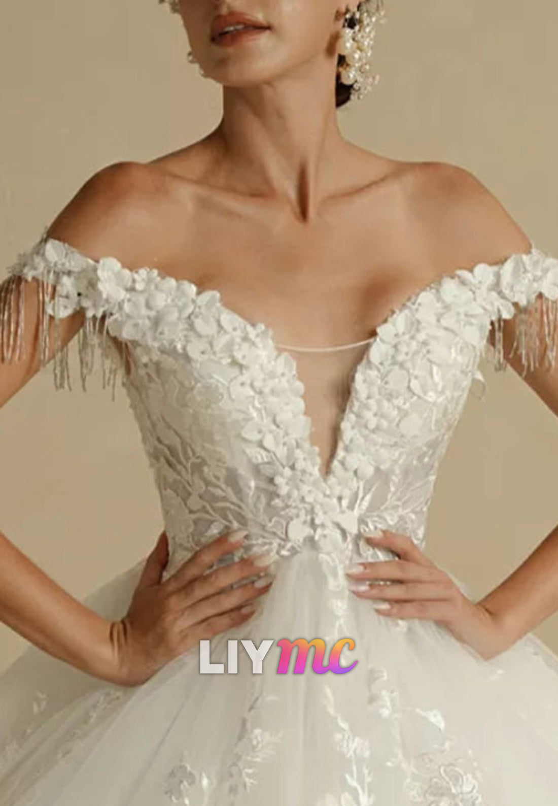 Off-Shoulder Sleeveless Floral Appliques Tulle Bridal Gown
