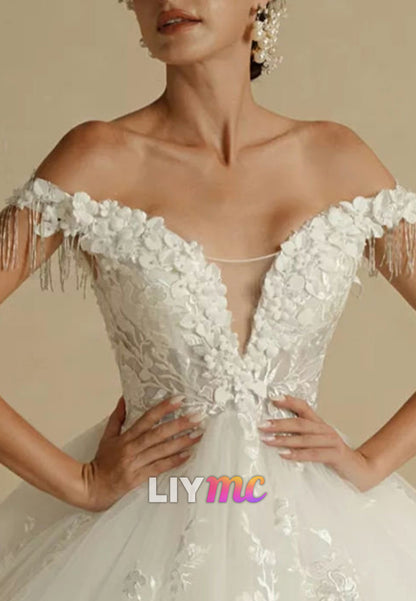 Off-Shoulder Sleeveless Floral Appliques Tulle Bridal Gown