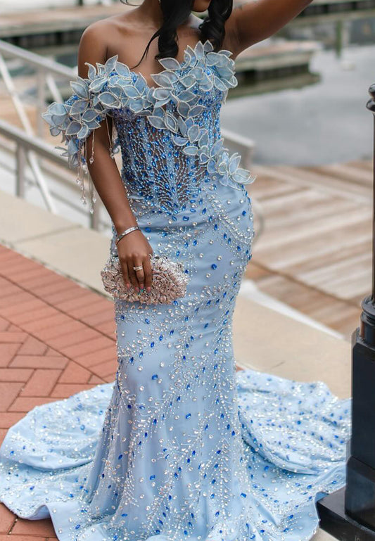 Off-Shoulder Sleeveless Floral Beaded Mermaid Prom Dress for Black Girls