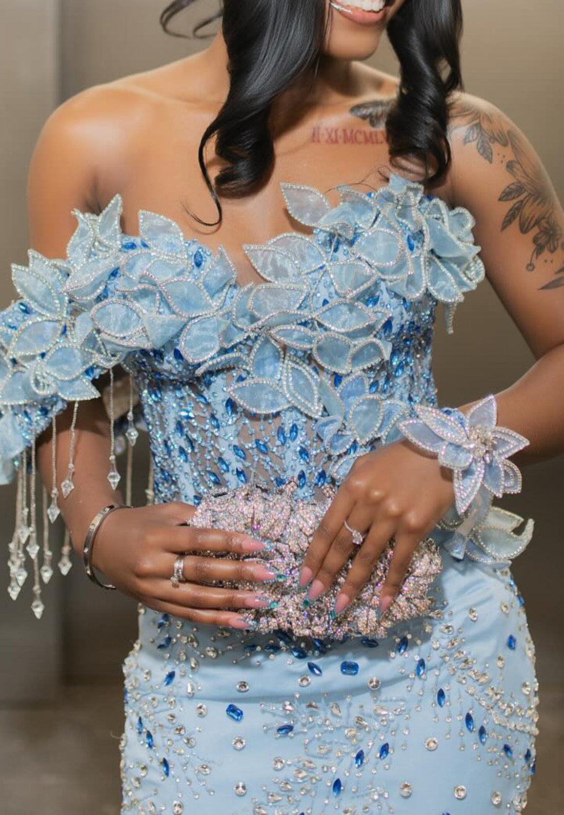 Off-Shoulder Sleeveless Floral Beaded Mermaid Prom Dress for Black Girls