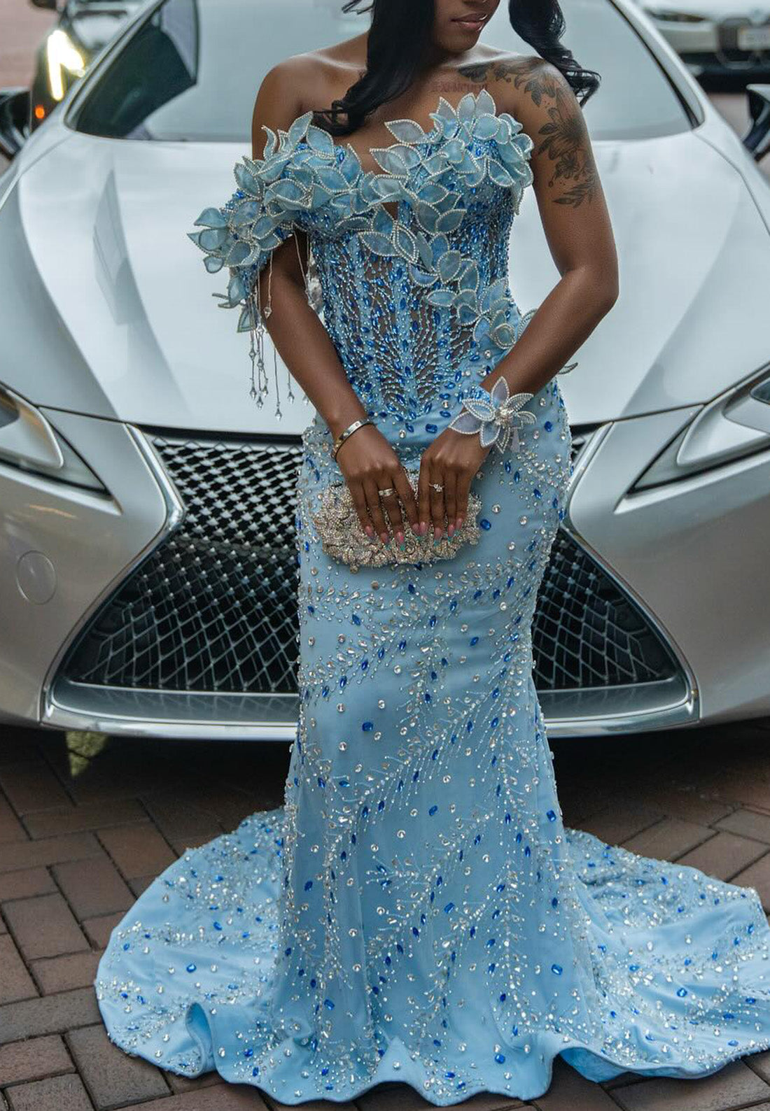 Off-Shoulder Sleeveless Floral Beaded Mermaid Prom Dress for Black Girls