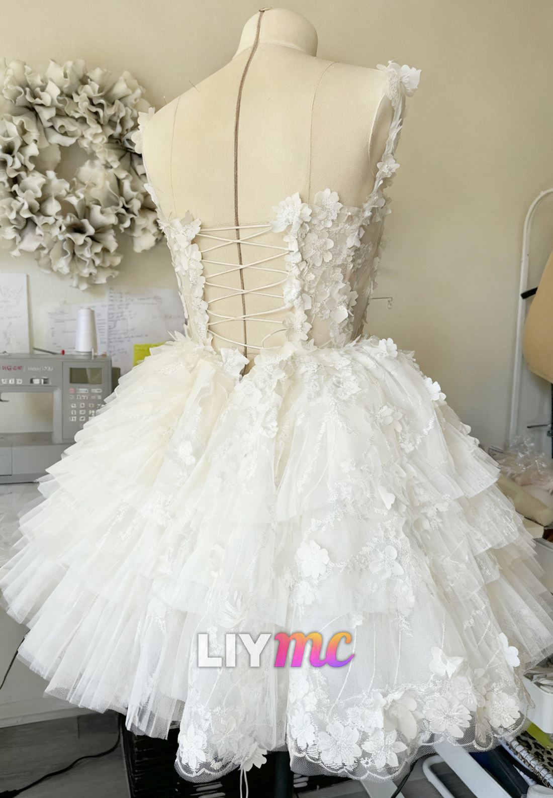 Off-Shoulder Sleeveless Floral Embellished A-Line Short Wedding Dress