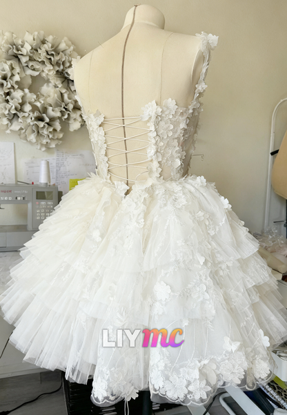 Off-Shoulder Sleeveless Floral Embellished A-Line Short Wedding Dress