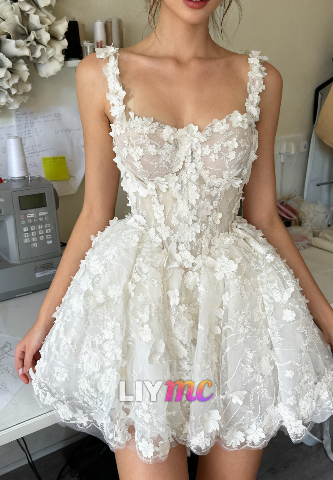 Off-Shoulder Sleeveless Floral Embellished A-Line Short Wedding Dress