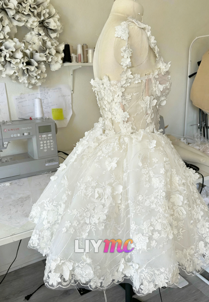 Off-Shoulder Sleeveless Floral Embellished A-Line Short Wedding Dress