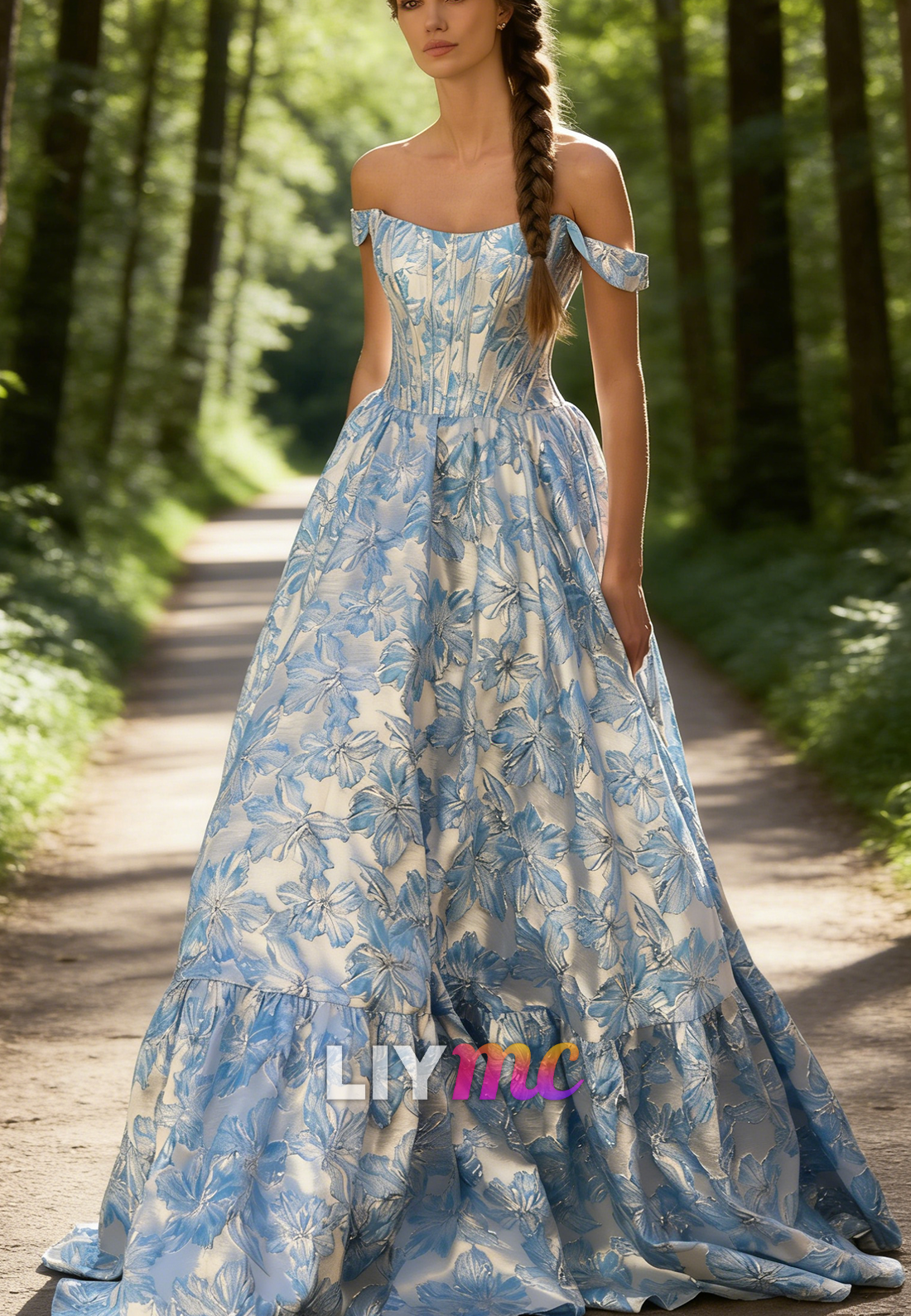 Off-Shoulder Sleeveless Floral Printed Satin A-Line Prom Dress