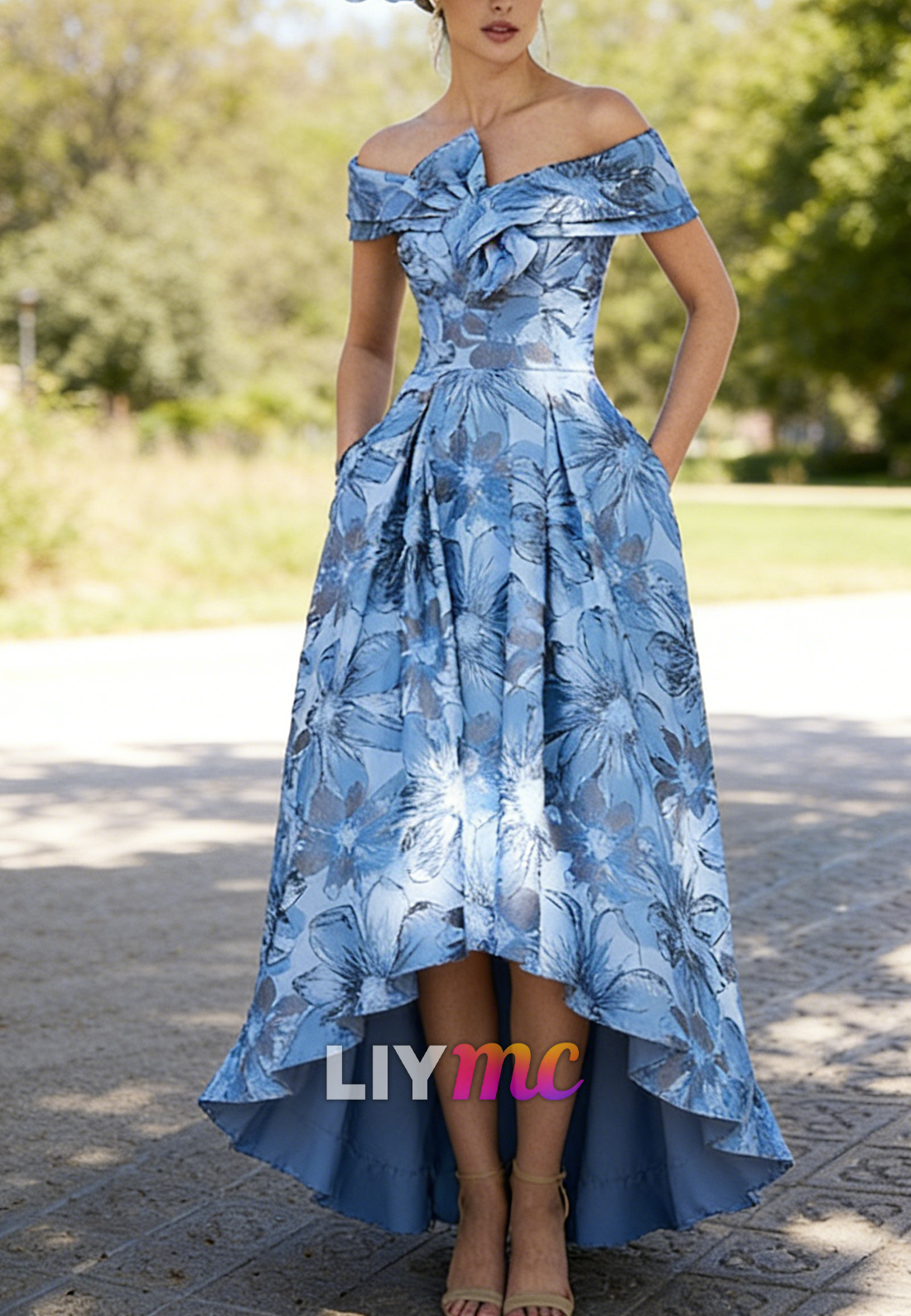 Off-Shoulder Sleeveless Floral Printed Satin Mother of Bride Dress
