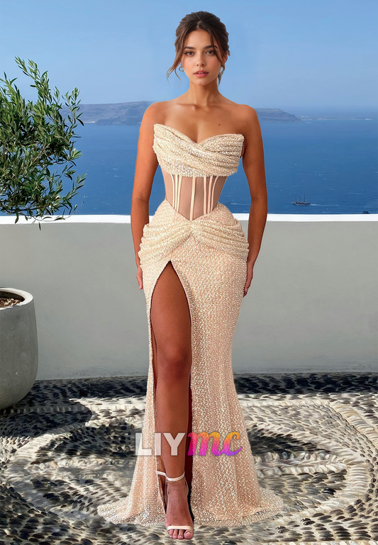 Off-Shoulder Sleeveless High Slit Sheer Mermaid Prom Formal Dress