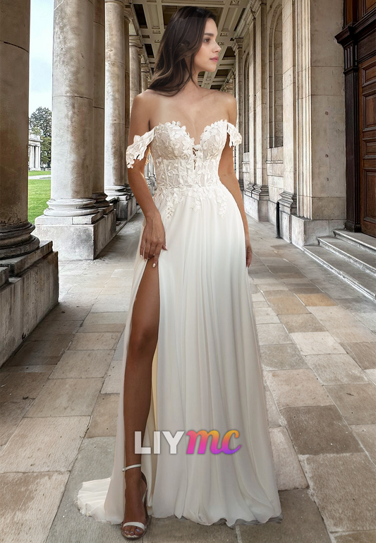 Off-Shoulder Sleeveless Lace Appliques Side Slit A-Line Wedding Dress