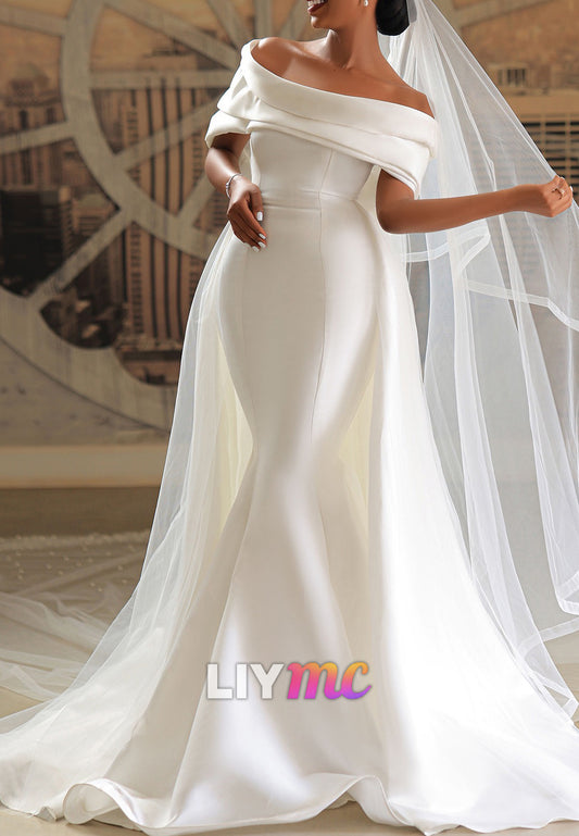 Off-Shoulder Sleeveless Mermaid Satin Wedding Dress