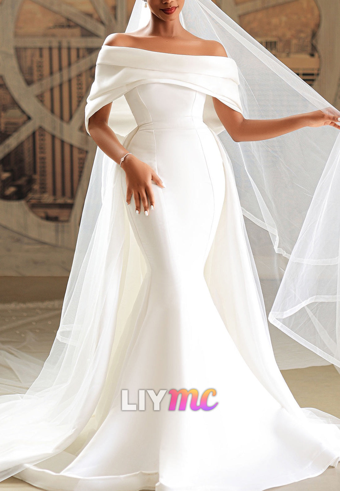 Off-Shoulder Sleeveless Mermaid Satin Wedding Dress