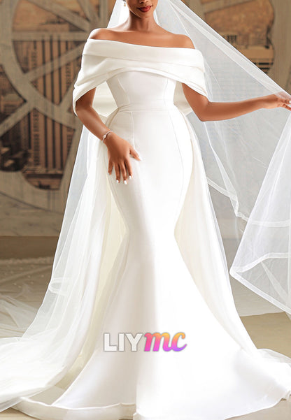 Off-Shoulder Sleeveless Mermaid Satin Wedding Dress