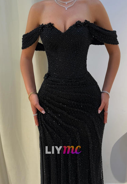 Off-Shoulder Sleeveless Mermaid Sparkly Prom Dress