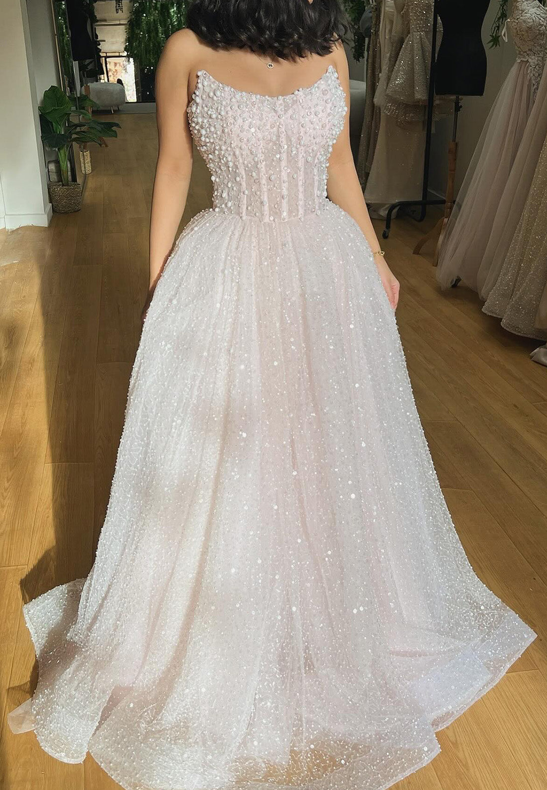 Off-Shoulder Sleeveless Pearl Sparkly A-Line Prom Dress