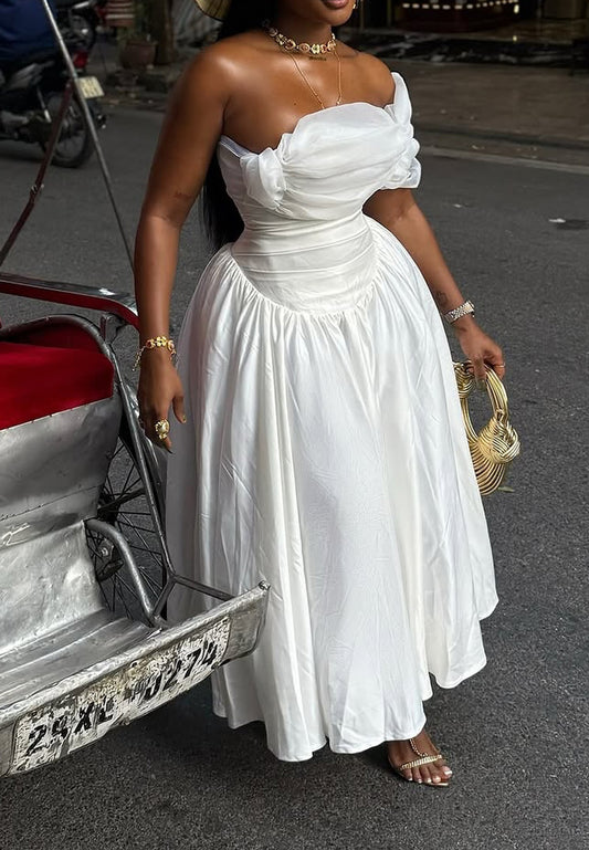 Off-Shoulder Sleeveless Pleated A-Line Midi Wedding Dress
