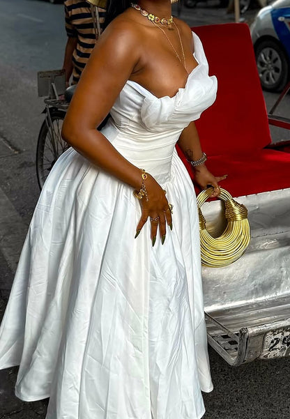 Off-Shoulder Sleeveless Pleated A-Line Midi Wedding Dress