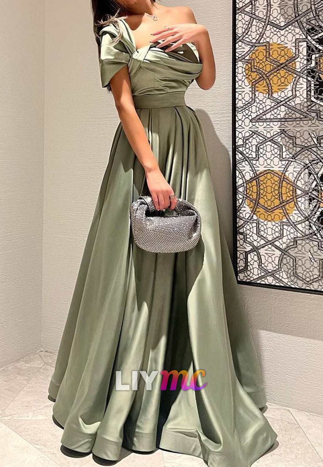 Off-Shoulder Sleeveless Pleated Dusty Sage A-Line Evening Dress