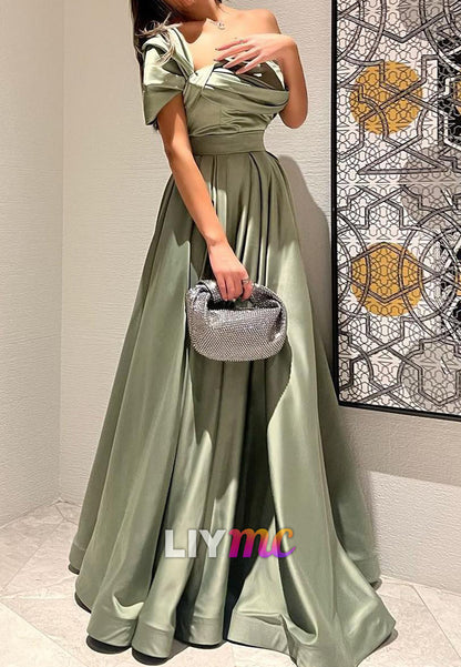 Off-Shoulder Sleeveless Pleated Dusty Sage A-Line Evening Dress