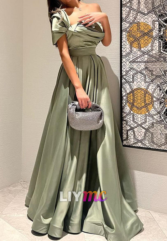 Off-Shoulder Sleeveless Pleated Dusty Sage A-Line Evening Dress