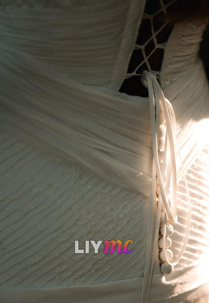Off-Shoulder Sleeveless Pleated Flowy A-Line Wedding Dress