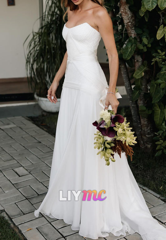 Off-Shoulder Sleeveless Pleated Flowy A-Line Wedding Dress