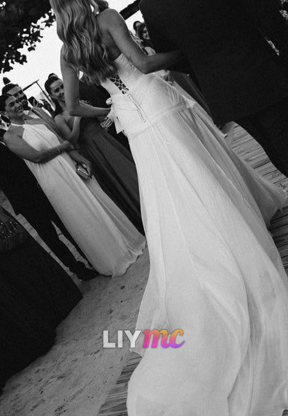 Off-Shoulder Sleeveless Pleated Flowy A-Line Wedding Dress