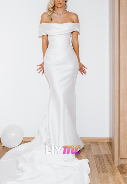 Off-Shoulder Sleeveless Pleated Mermaid Wedding Dress