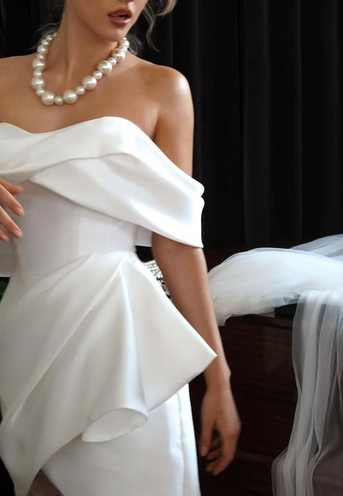 Off-Shoulder Sleeveless Pleated Satin A-Line Short Wedding Dress