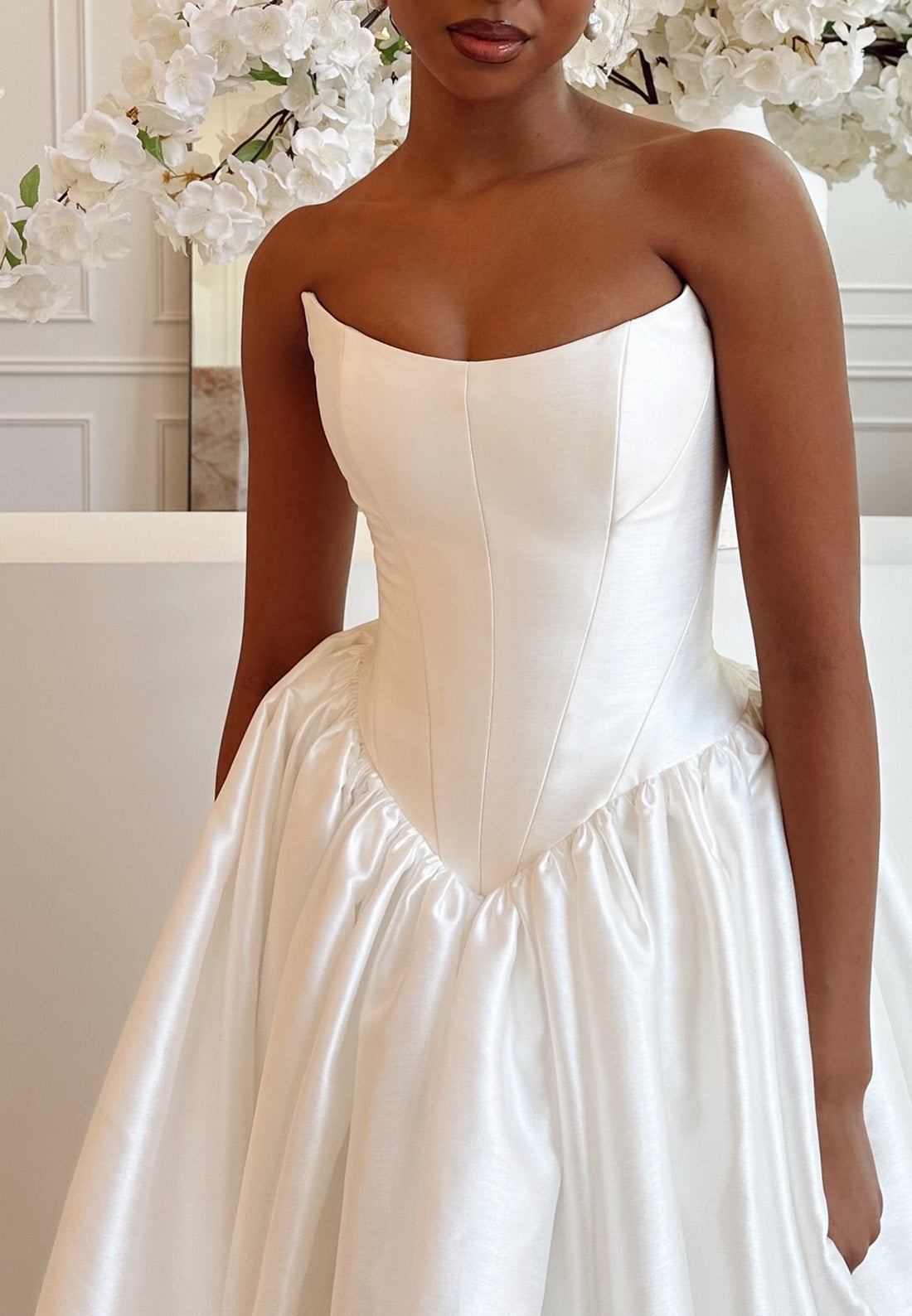 Off-Shoulder Sleeveless Pleated Satin A-Line Wedding Dress